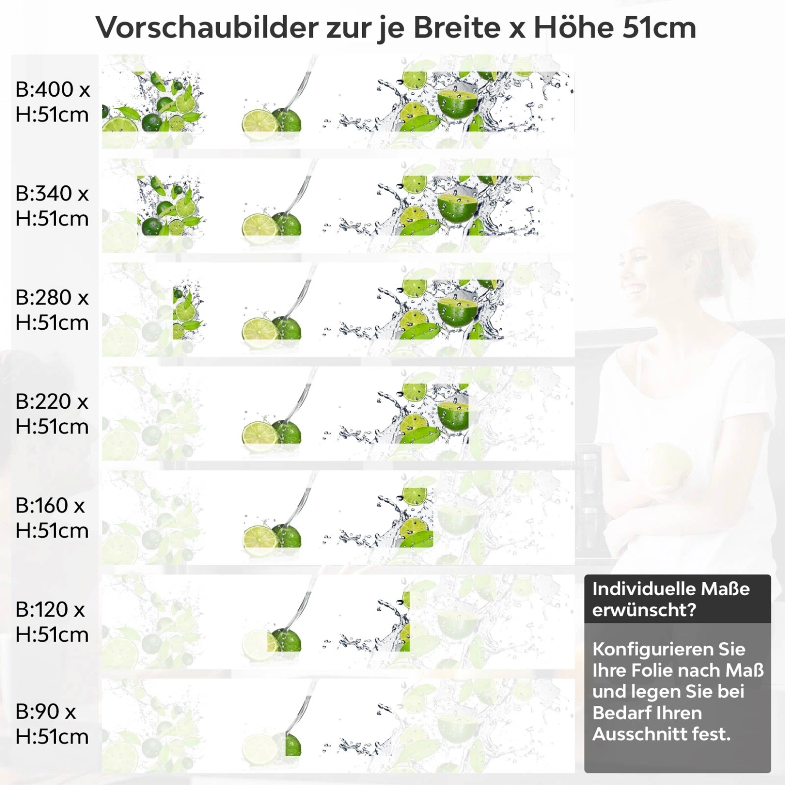 Küchenrückwand Folie spritzige Limetten Variantenauswahl Vorschaubild Höhe 51cm
