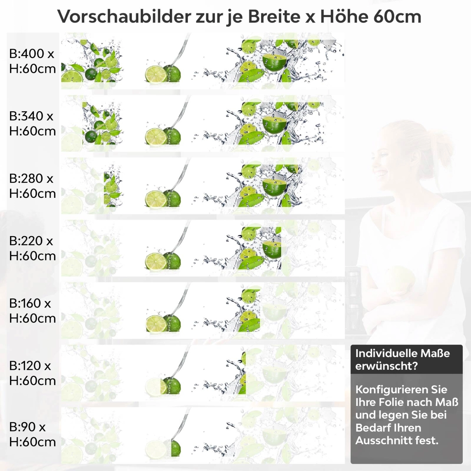 Küchenrückwand Folie spritzige Limetten Variantenauswahl Vorschaubild Höhe 60cm