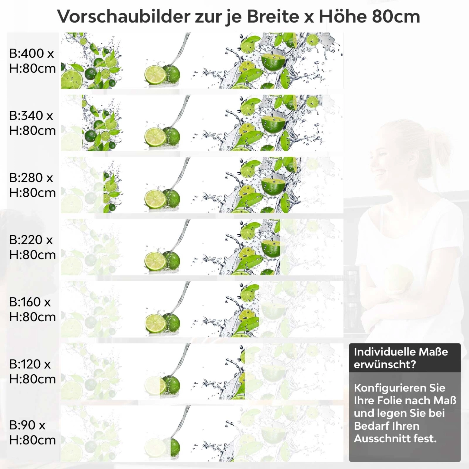 Küchenrückwand Folie spritzige Limetten Variantenauswahl Vorschaubild Höhe 80cm
