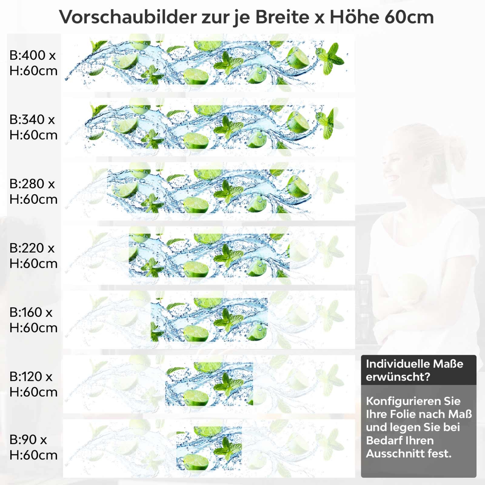 Küchenrückwand Folie spritzige Limetten & Minzen Variantenauswahl Vorschaubild  Höhe 60cm