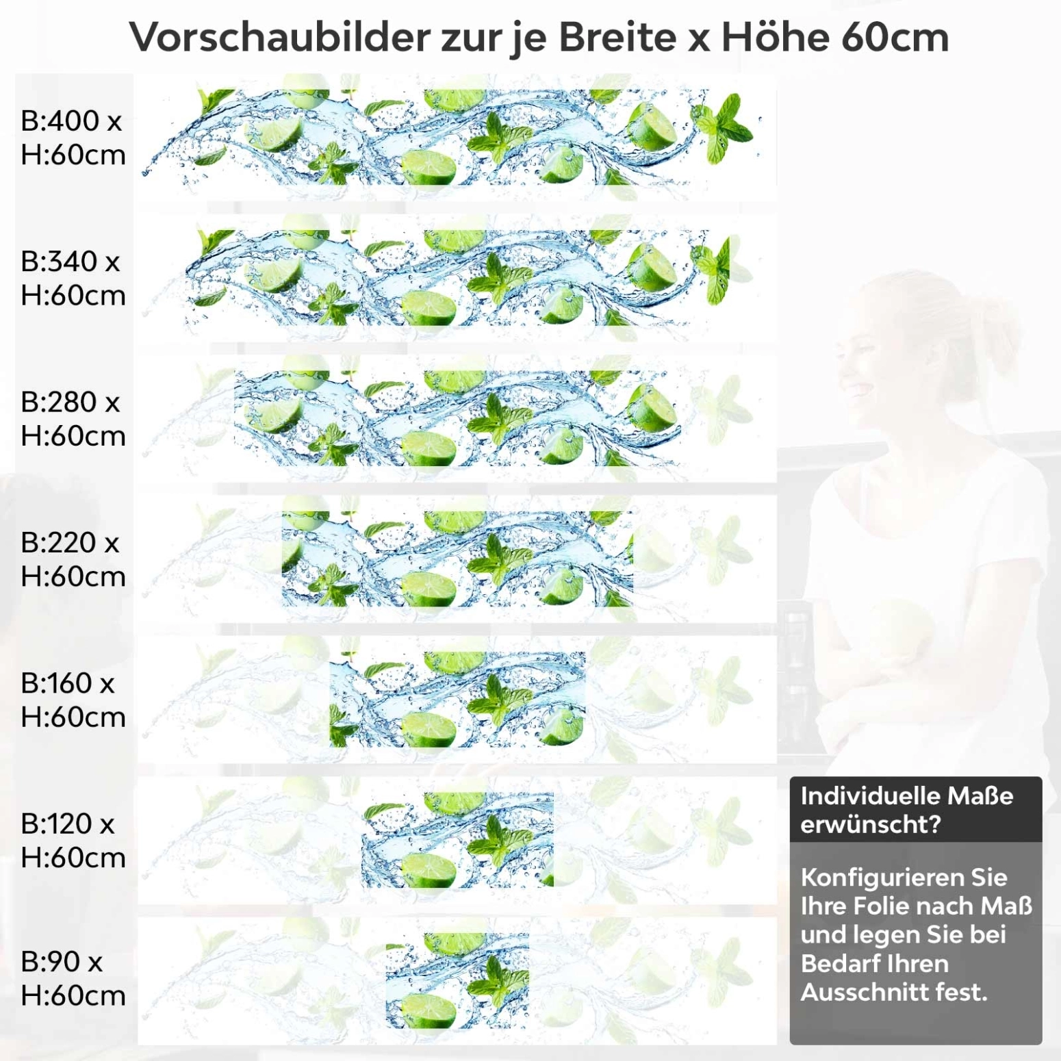 Küchenrückwand Folie spritzige Limetten & Minzen Variantenauswahl Vorschaubild Höhe 60cm