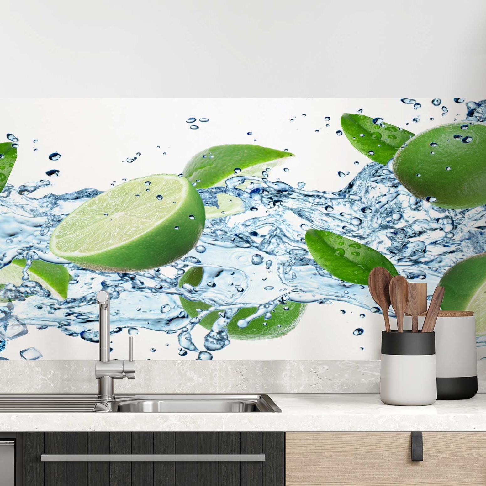 Küchenrückwand Folie spritzige Limetten & Eiswürfel