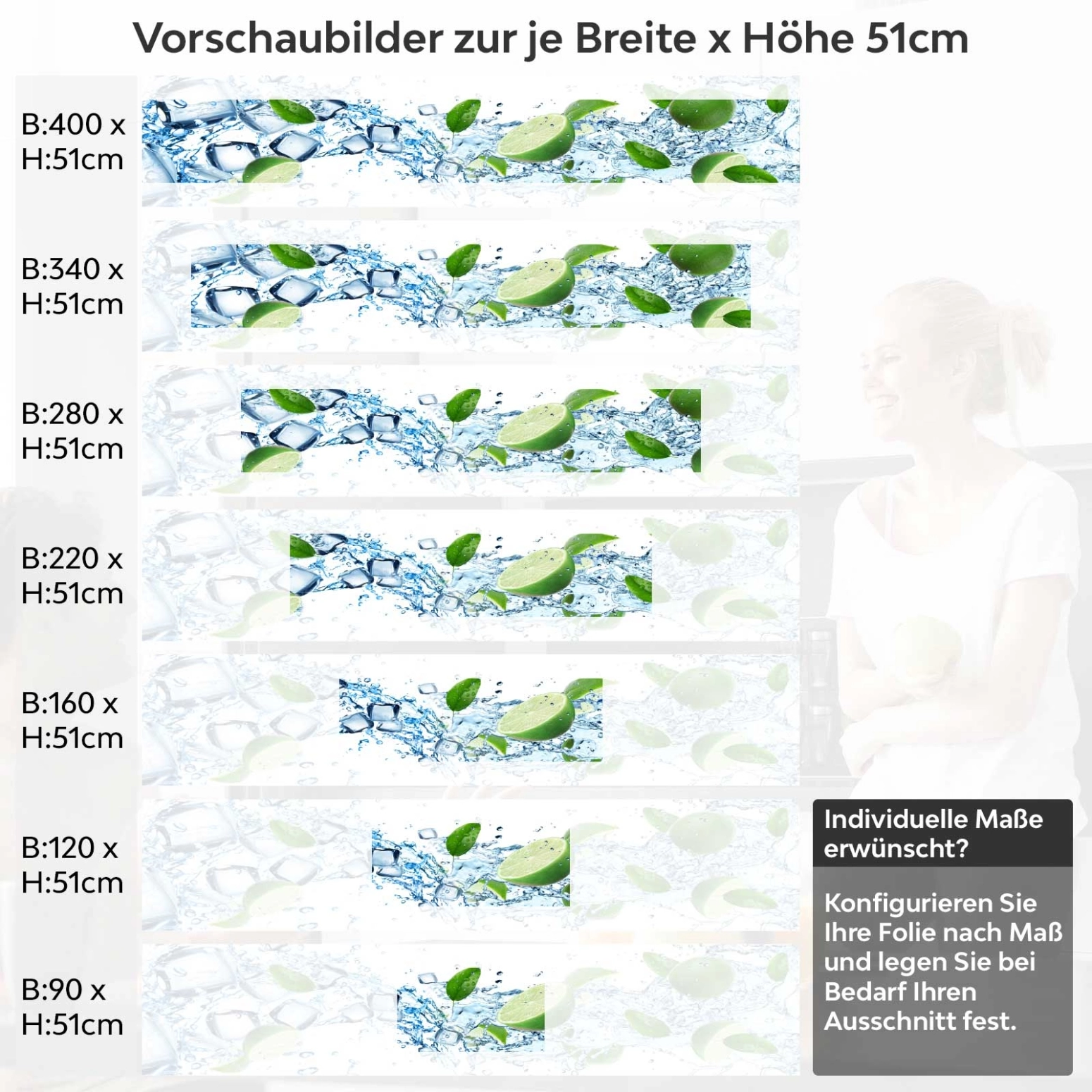 Küchenrückwand Folie spritzige Limetten & Eiswürfel Variantenauswahl Vorschaubild Höhe 51cm