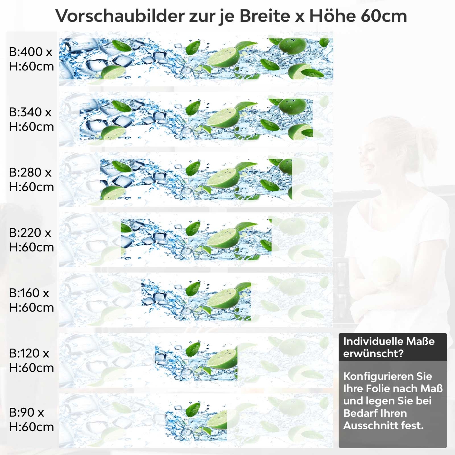 Küchenrückwand Folie spritzige Limetten & Eiswürfel Variantenauswahl Vorschaubild  Höhe 60cm