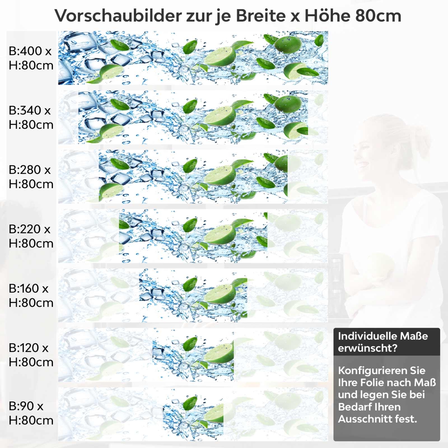 Küchenrückwand Folie spritzige Limetten & Eiswürfel Variantenauswahl Vorschaubild  Höhe 80cm
