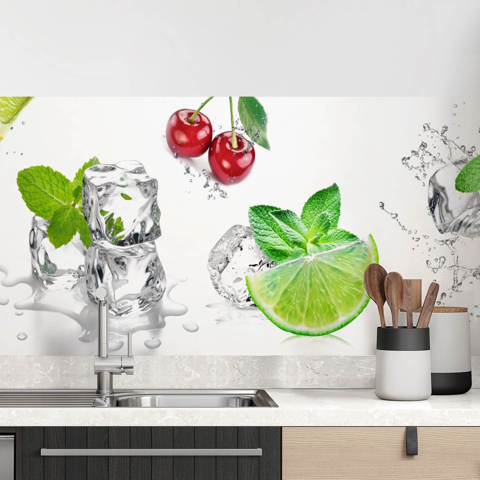 Küchenrückwand Folie spritzige Limetten & Kirschen