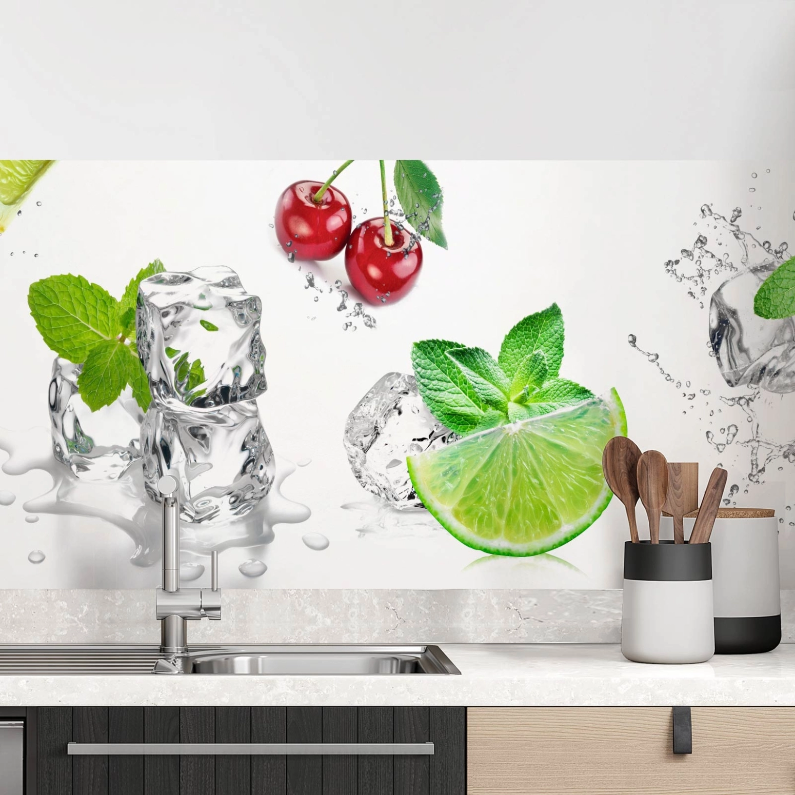 Küchenrückwand Folie spritzige Limetten & Kirschen Hauptbild 1