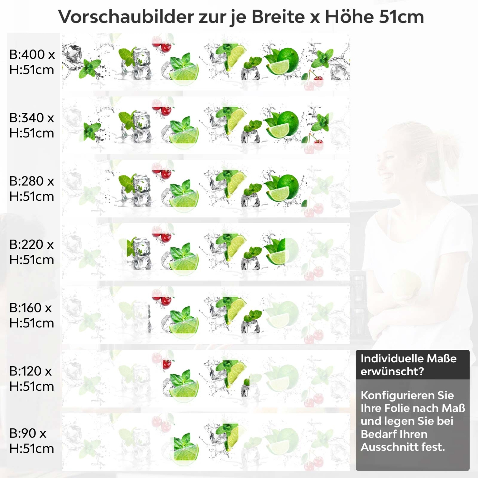 Küchenrückwand Folie spritzige Limetten & Kirschen Variantenauswahl Vorschaubild  Höhe 51cm