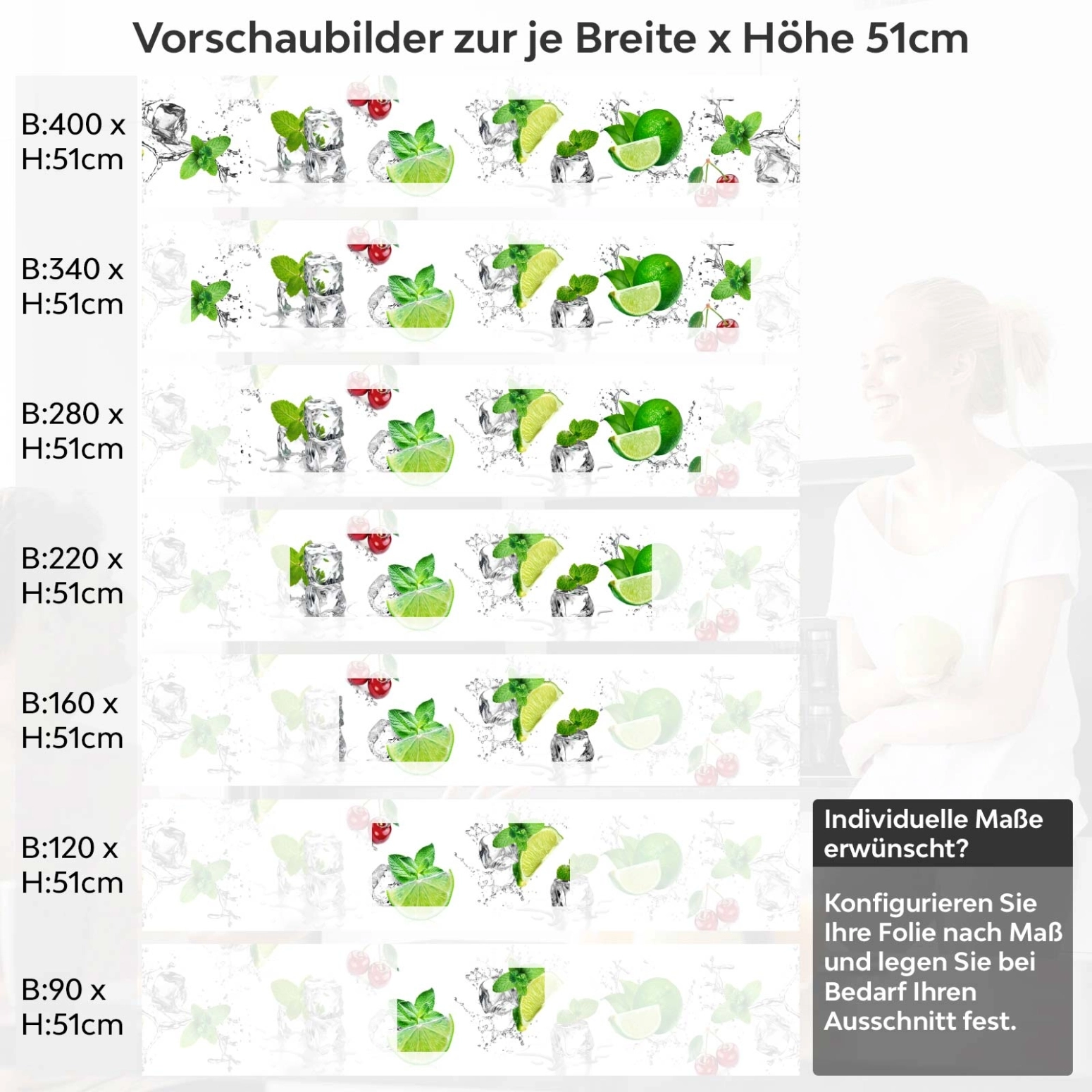 Küchenrückwand Folie spritzige Limetten & Kirschen Variantenauswahl Vorschaubild Höhe 51cm