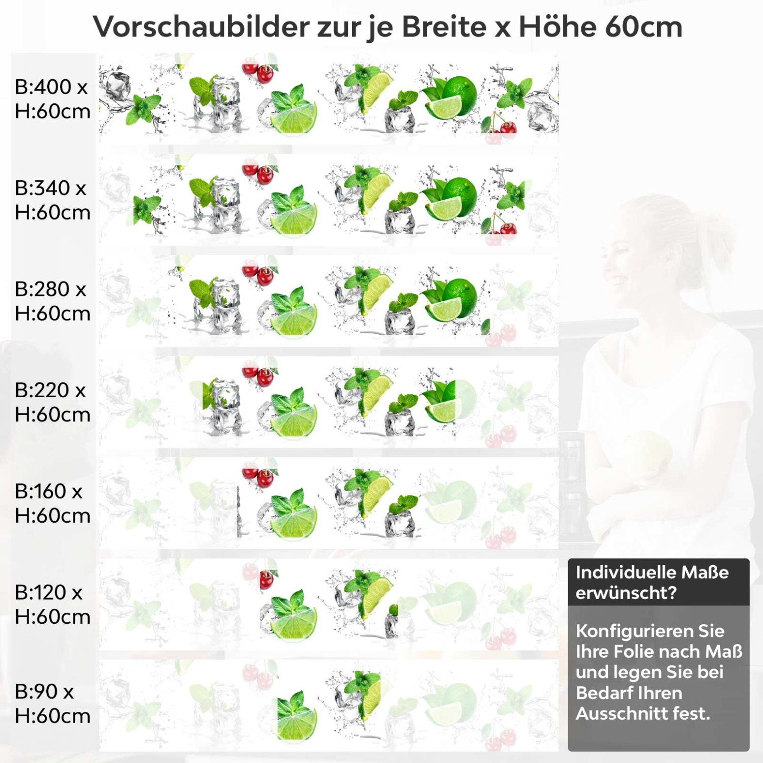 Küchenrückwand Folie spritzige Limetten & Kirschen Variantenauswahl Vorschaubild  Höhe 60cm