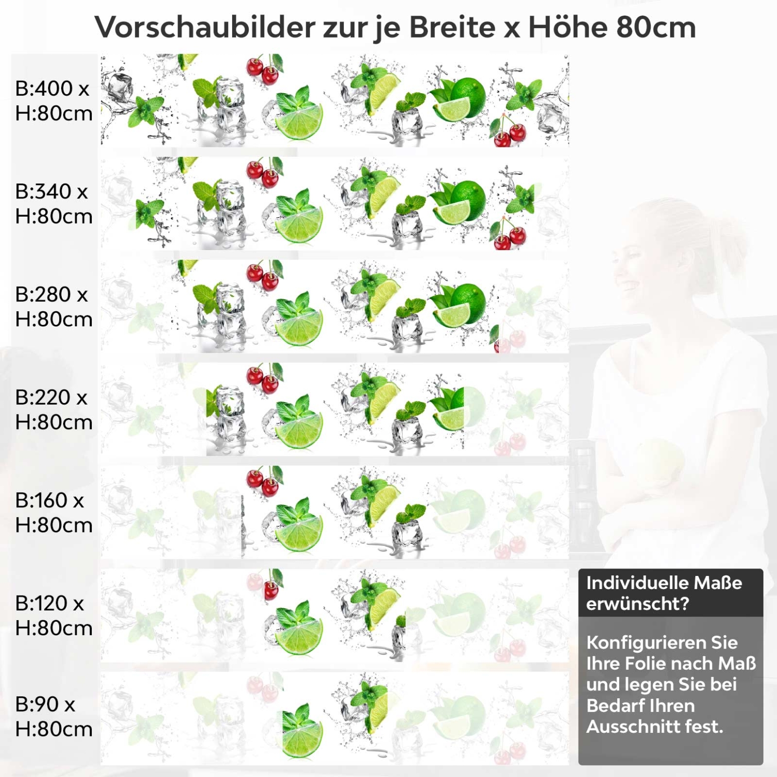 Küchenrückwand Folie spritzige Limetten & Kirschen Variantenauswahl Vorschaubild  Höhe 80cm
