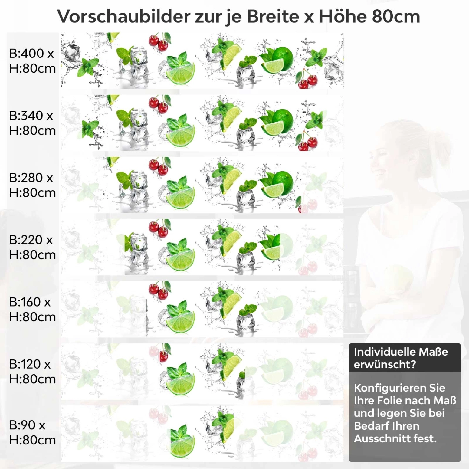 Küchenrückwand Folie spritzige Limetten & Kirschen Variantenauswahl Vorschaubild Höhe 80cm