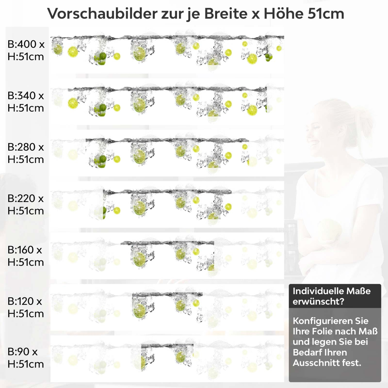 Küchenrückwand Folie Lime Splash Variantenauswahl Vorschaubild  Höhe 51cm