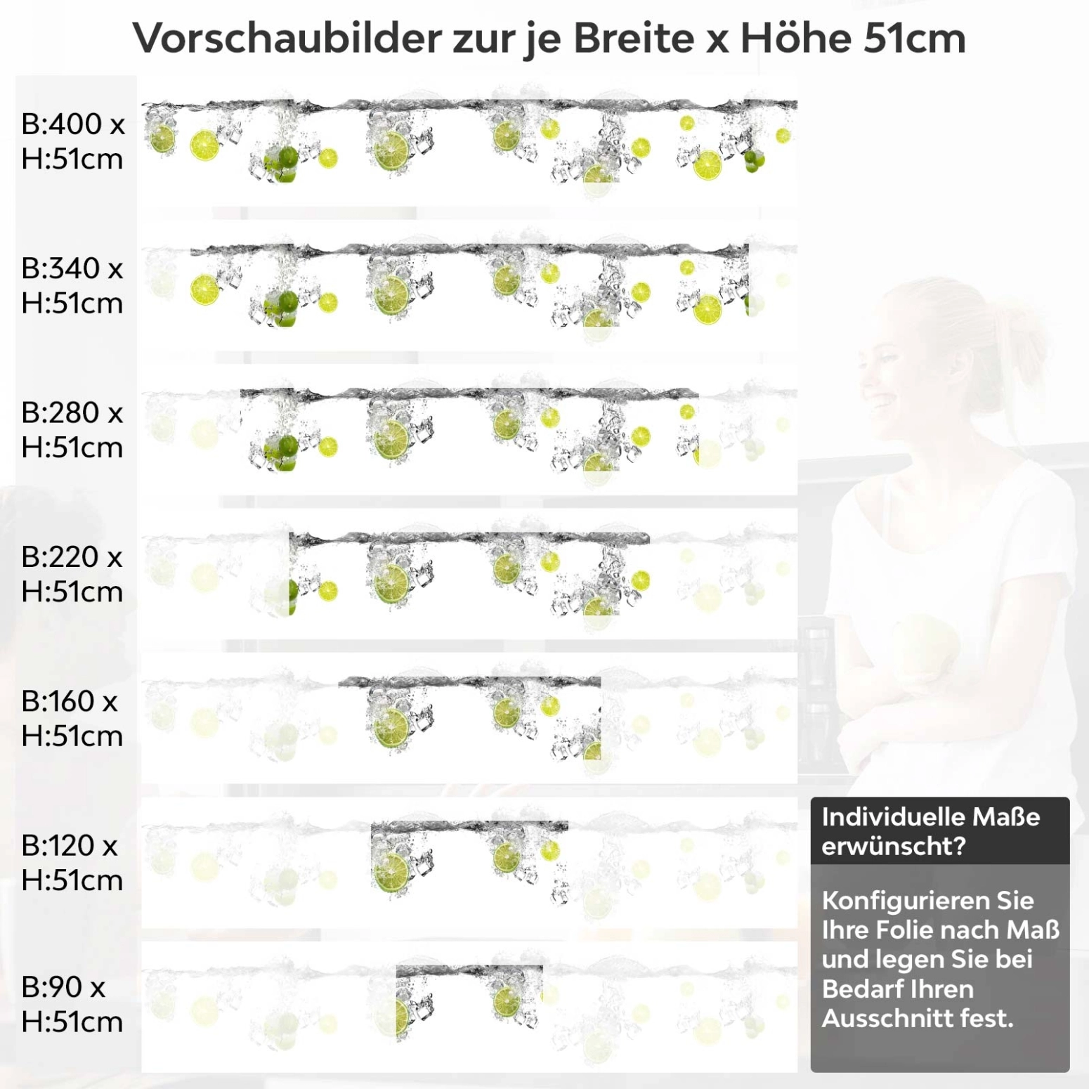 Küchenrückwand Folie Lime Splash Variantenauswahl Vorschaubild Höhe 51cm