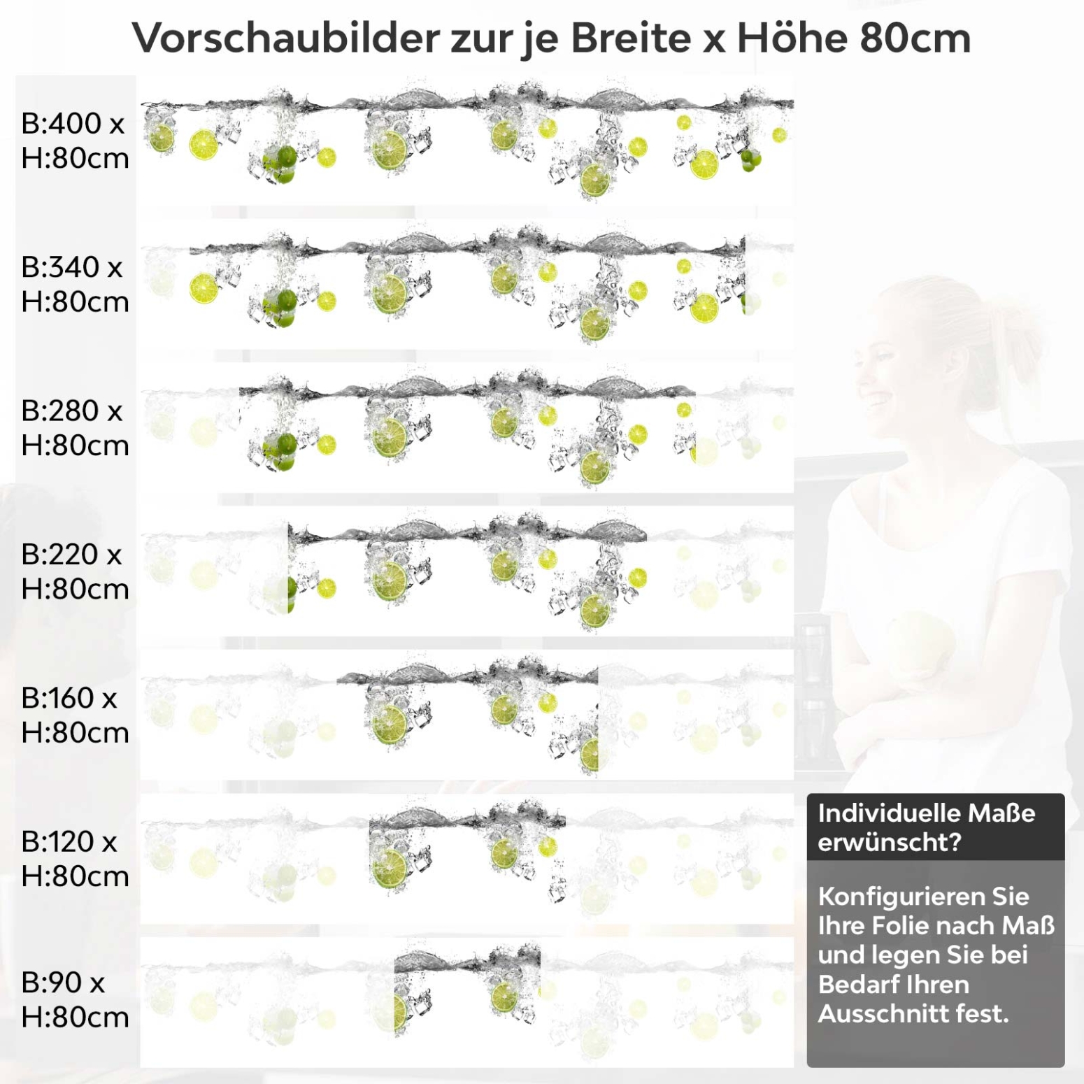 Küchenrückwand Folie Lime Splash Variantenauswahl Vorschaubild  Höhe 80cm