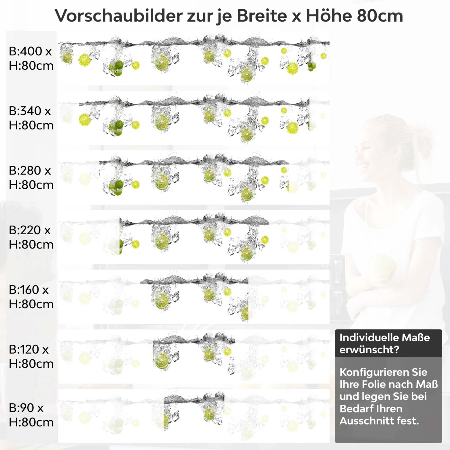 Küchenrückwand Folie Lime Splash Variantenauswahl Vorschaubild Höhe 80cm