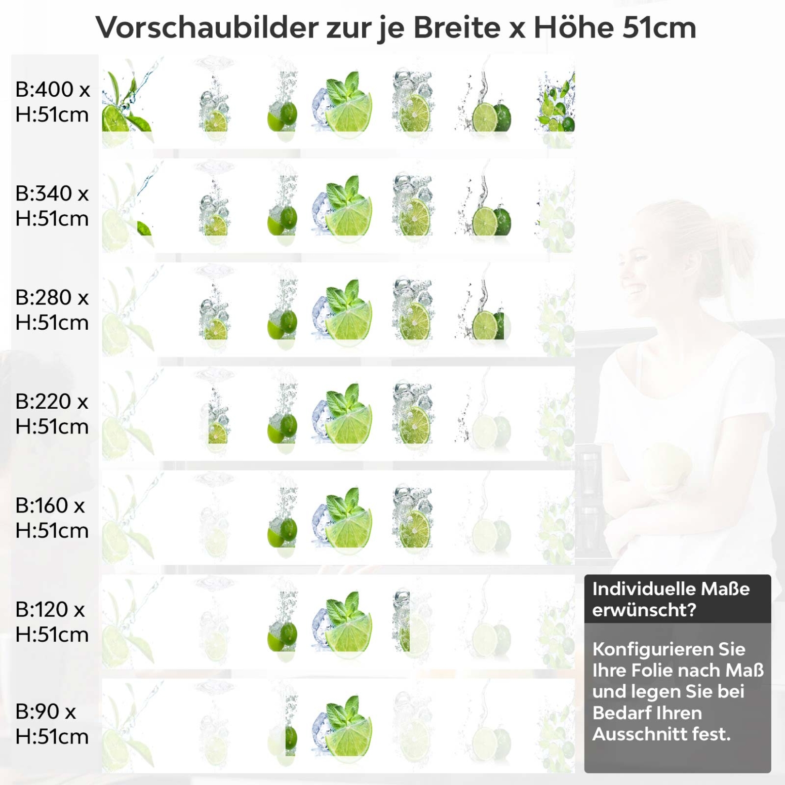 Küchenrückwand Folie Limetten Wasser Splash Variantenauswahl Vorschaubild  Höhe 51cm