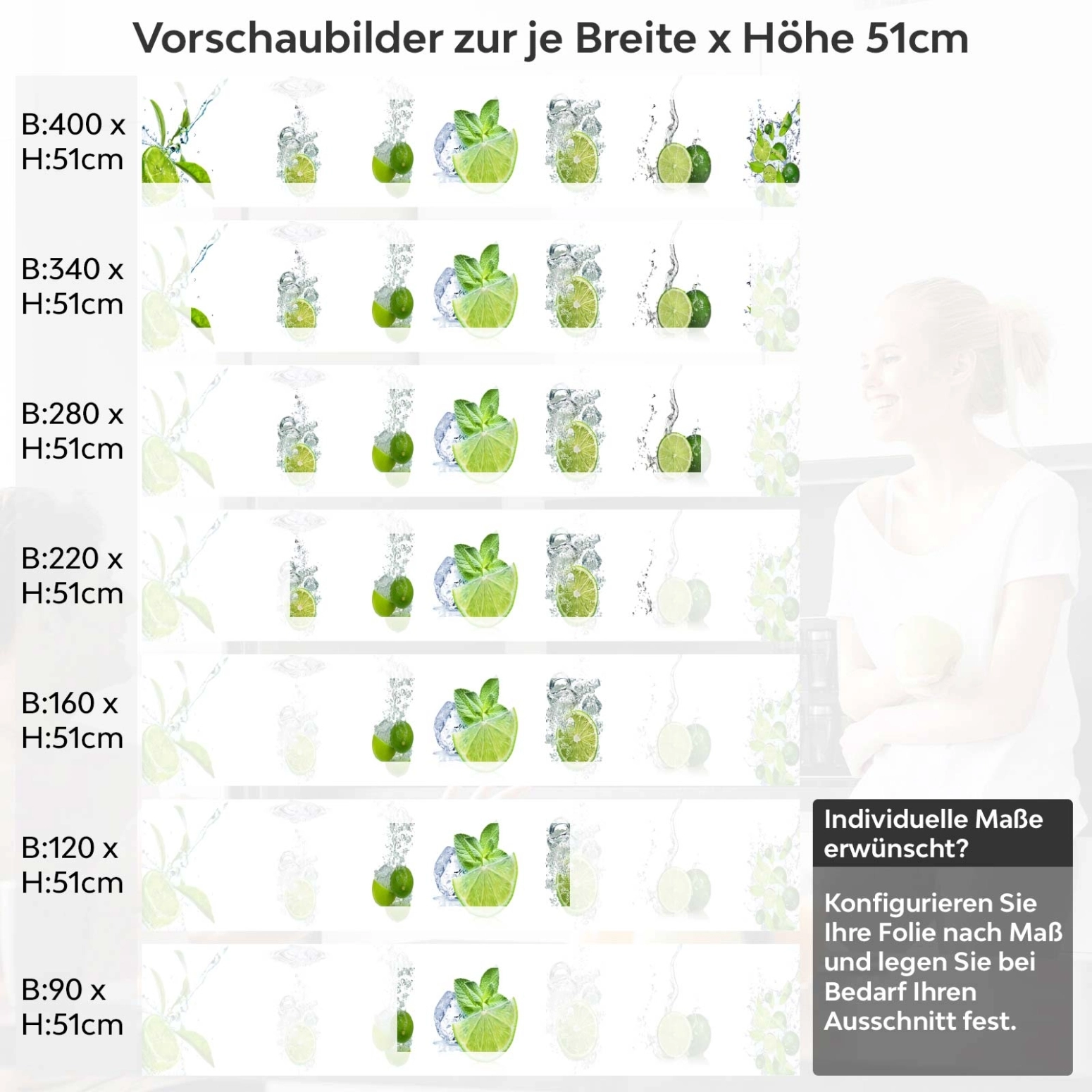 Küchenrückwand Folie Limetten Wasser Splash Variantenauswahl Vorschaubild Höhe 51cm