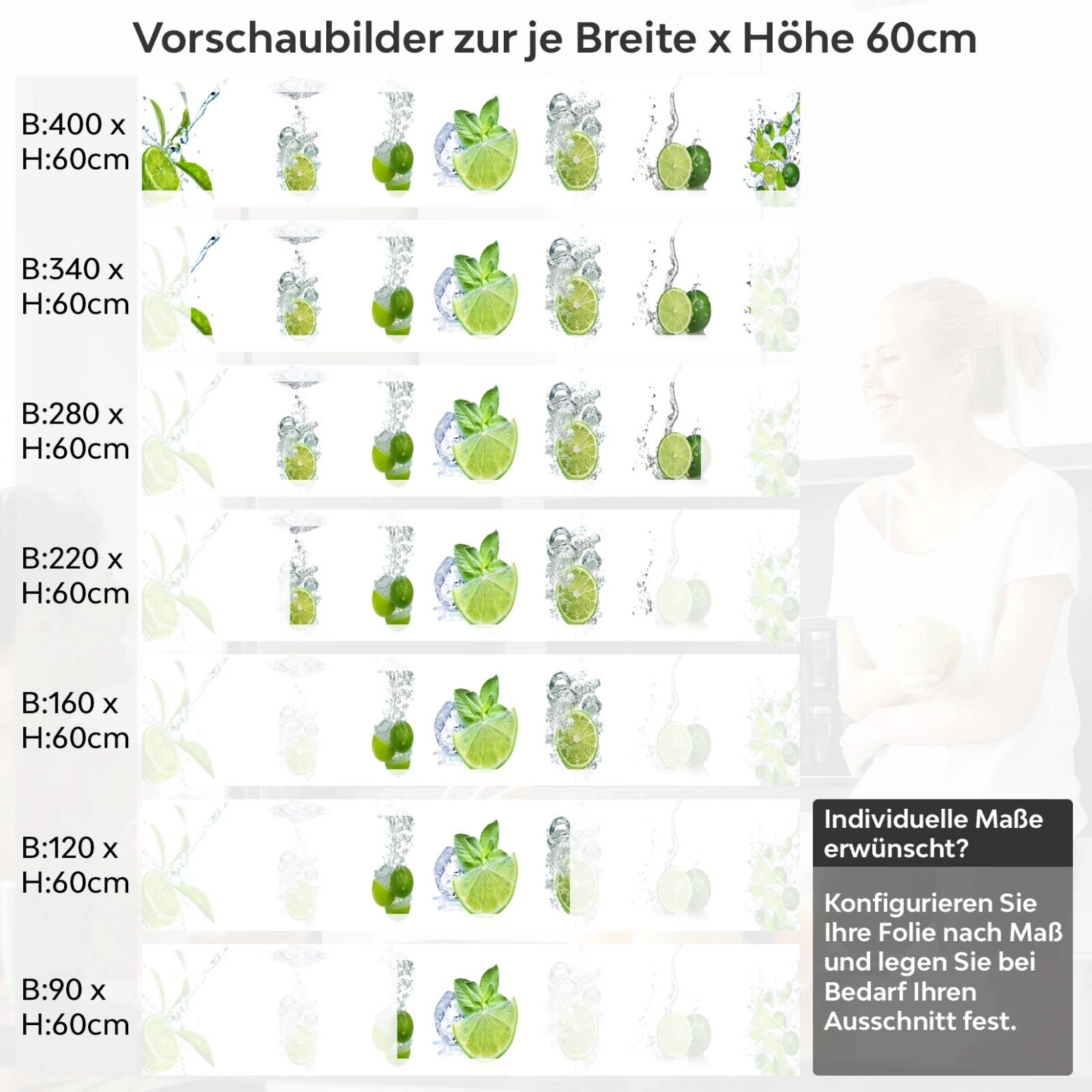 Küchenrückwand Folie Limetten Wasser Splash Variantenauswahl Vorschaubild Höhe 60cm