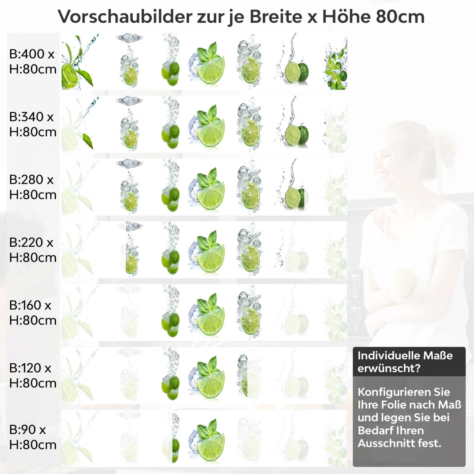 Küchenrückwand Folie Limetten Wasser Splash Variantenauswahl Vorschaubild Höhe 80cm