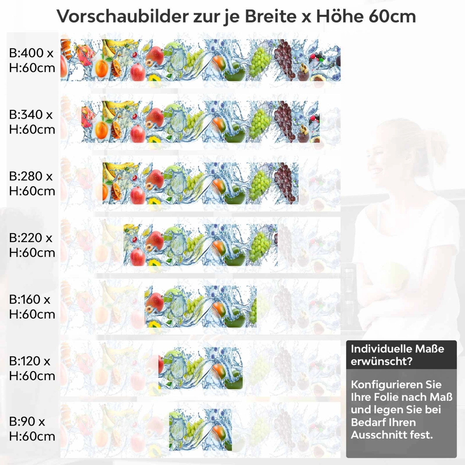 Küchenrückwand Folie Juicy Splash Variantenauswahl Vorschaubild Höhe 60cm