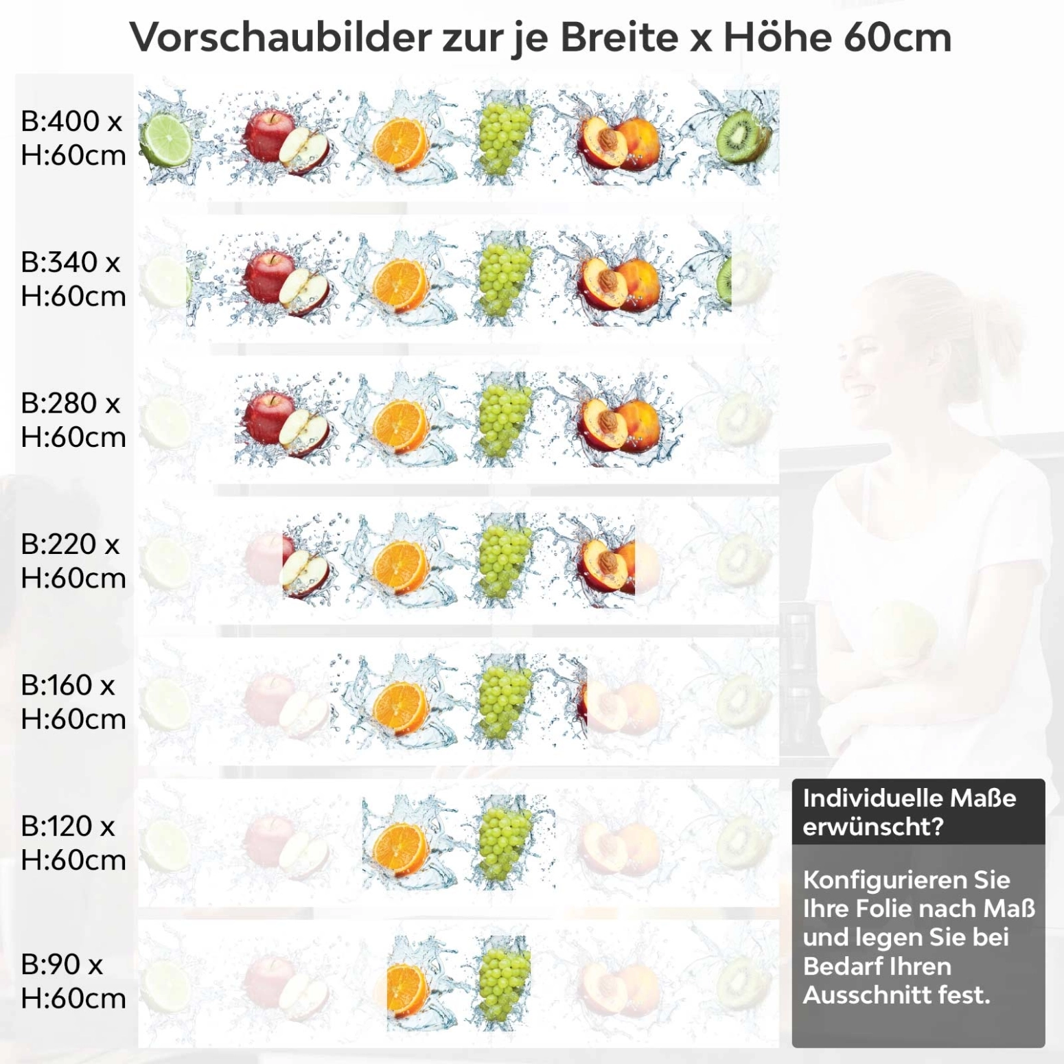 Küchenrückwand Folie spritziger Früchtemix Variantenauswahl Vorschaubild Höhe 60cm