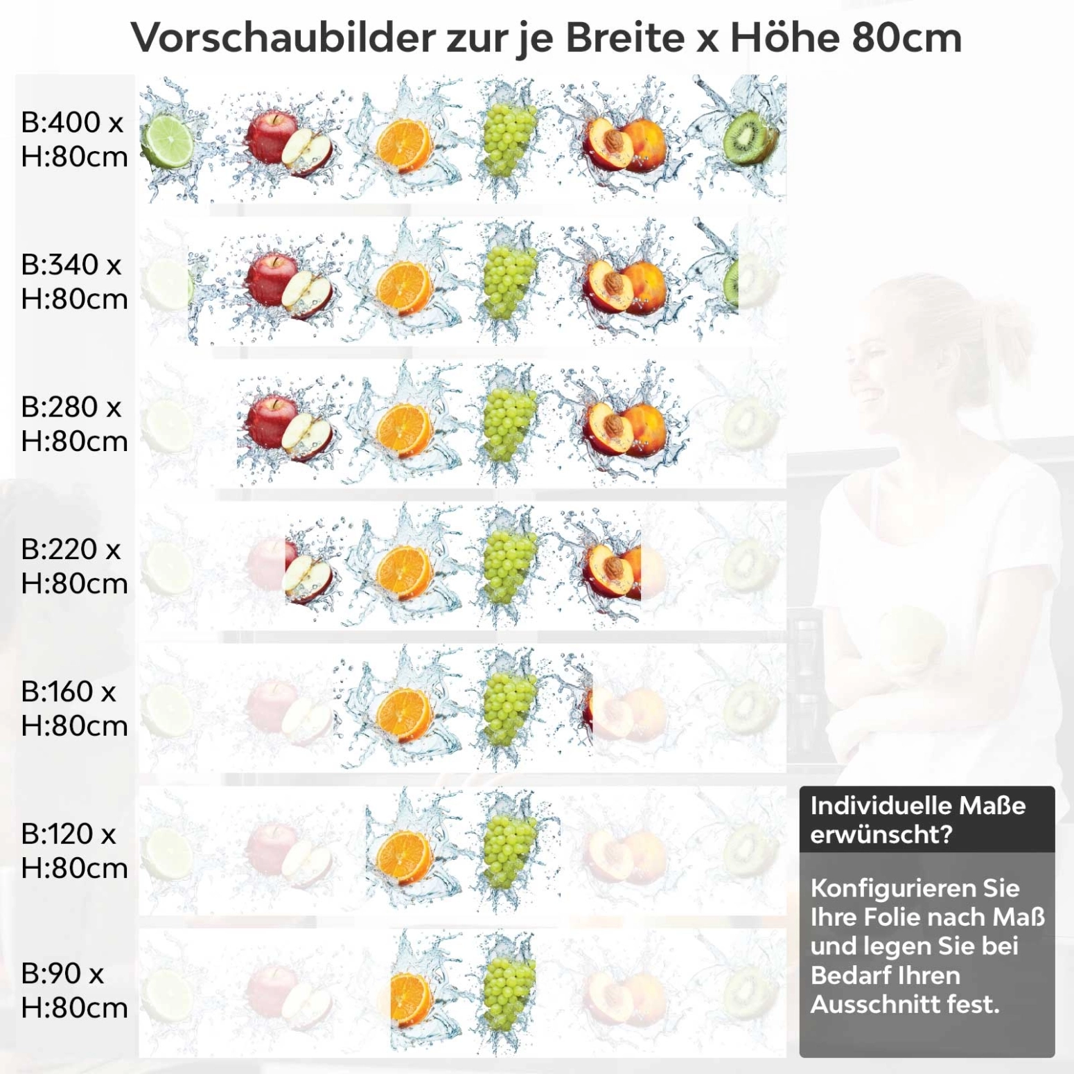 Küchenrückwand Folie spritziger Früchtemix Variantenauswahl Vorschaubild Höhe 80cm