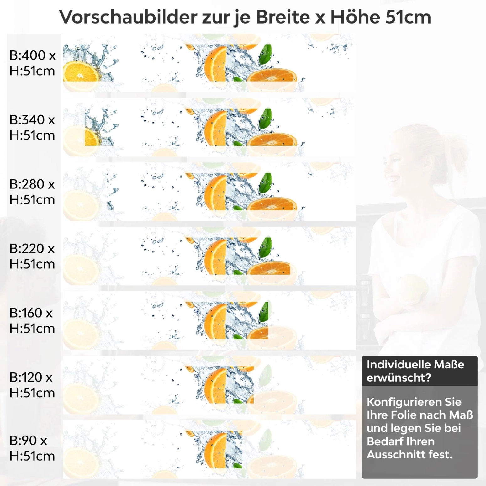 Küchenrückwand Folie Orangen Splash Variantenauswahl Vorschaubild Höhe 51cm