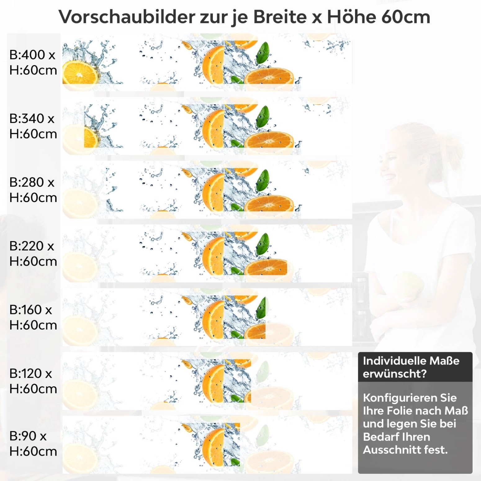 Küchenrückwand Folie Orangen Splash Variantenauswahl Vorschaubild Höhe 60cm