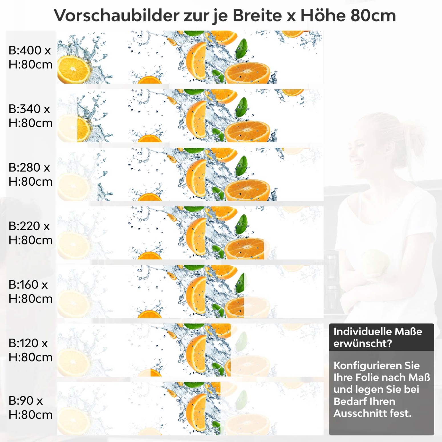 Küchenrückwand Folie Orangen Splash Variantenauswahl Vorschaubild  Höhe 80cm