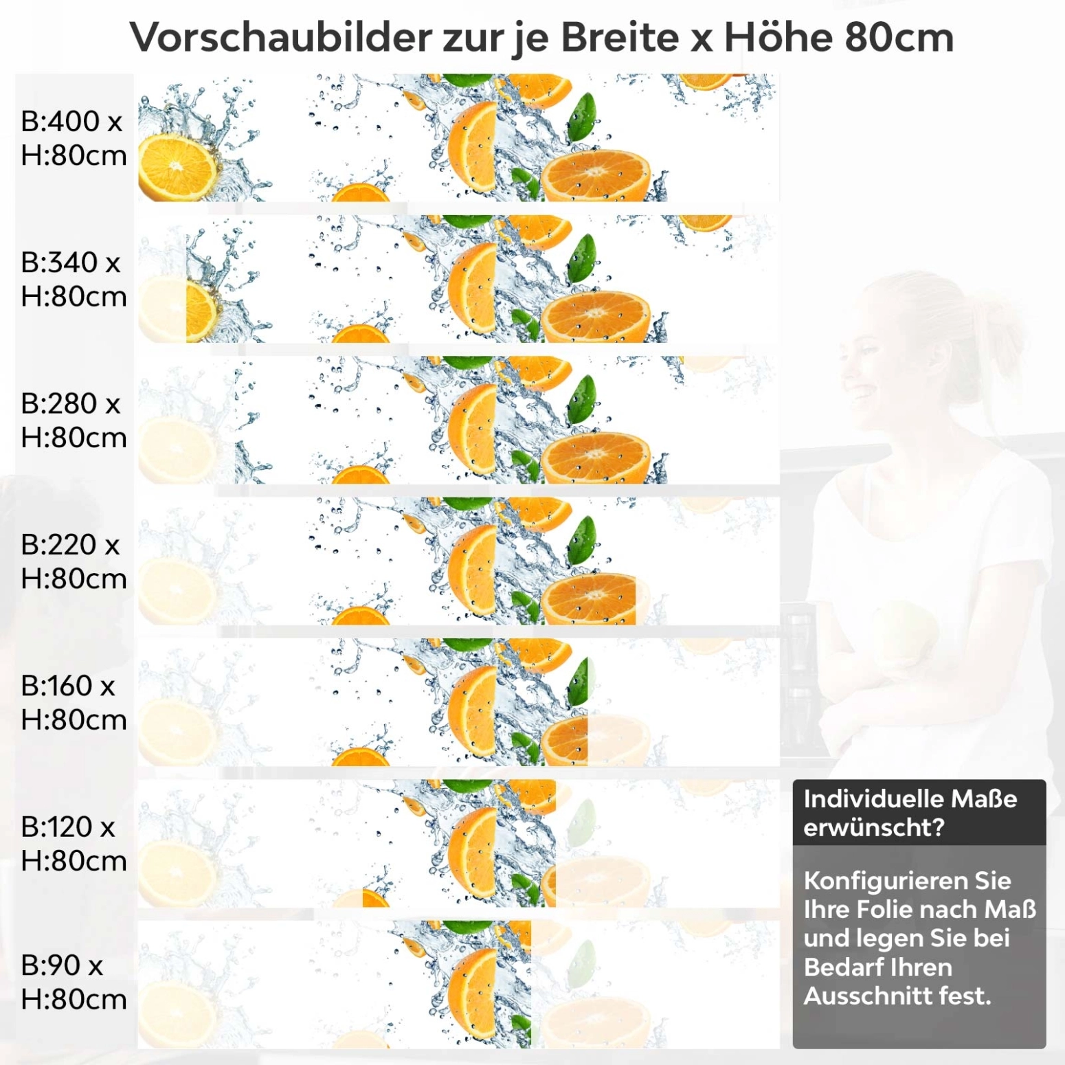 Küchenrückwand Folie Orangen Splash Variantenauswahl Vorschaubild Höhe 80cm