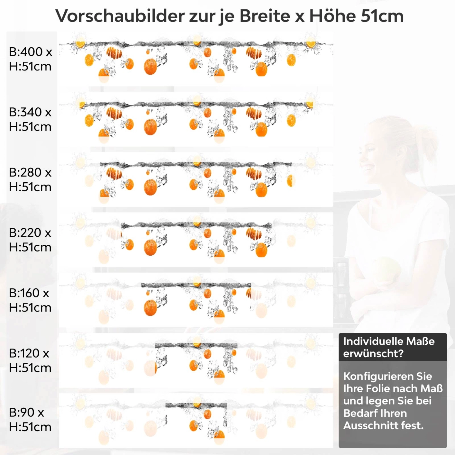 Küchenrückwand Folie Orangen Mix Variantenauswahl Vorschaubild Höhe 51cm