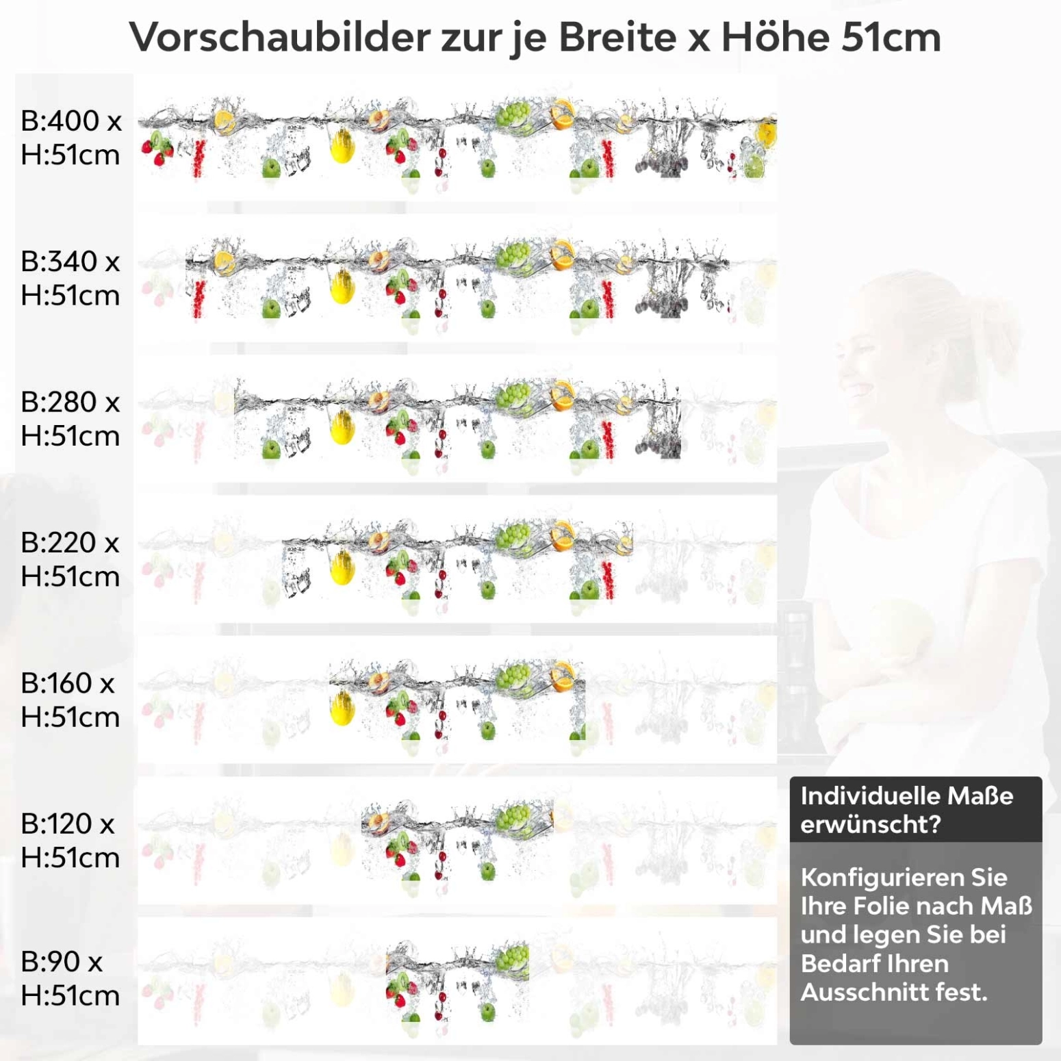 Küchenrückwand Folie Früchte Mix Splash Variantenauswahl Vorschaubild Höhe 51cm