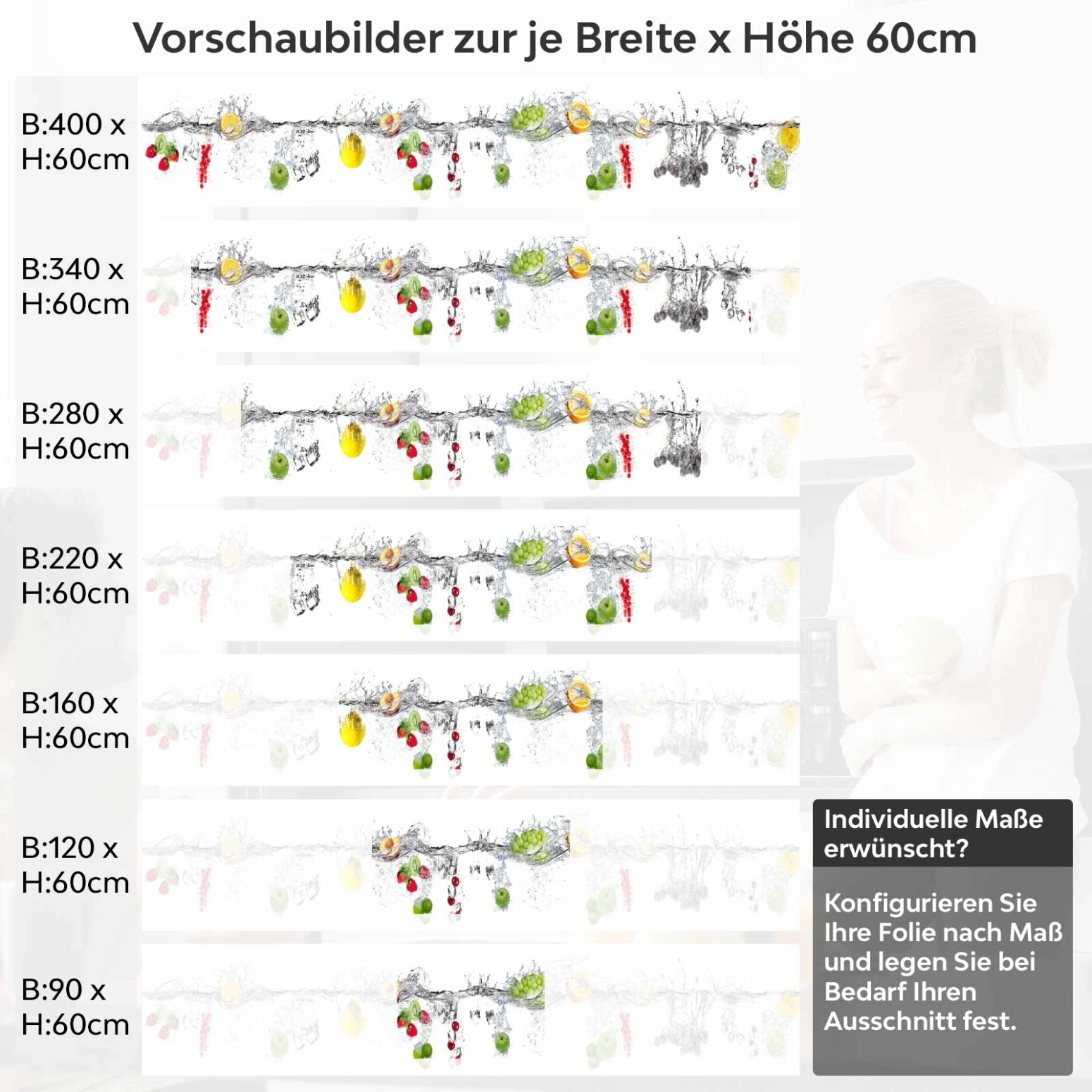 Küchenrückwand Folie Früchte Mix Splash Variantenauswahl Vorschaubild Höhe 60cm