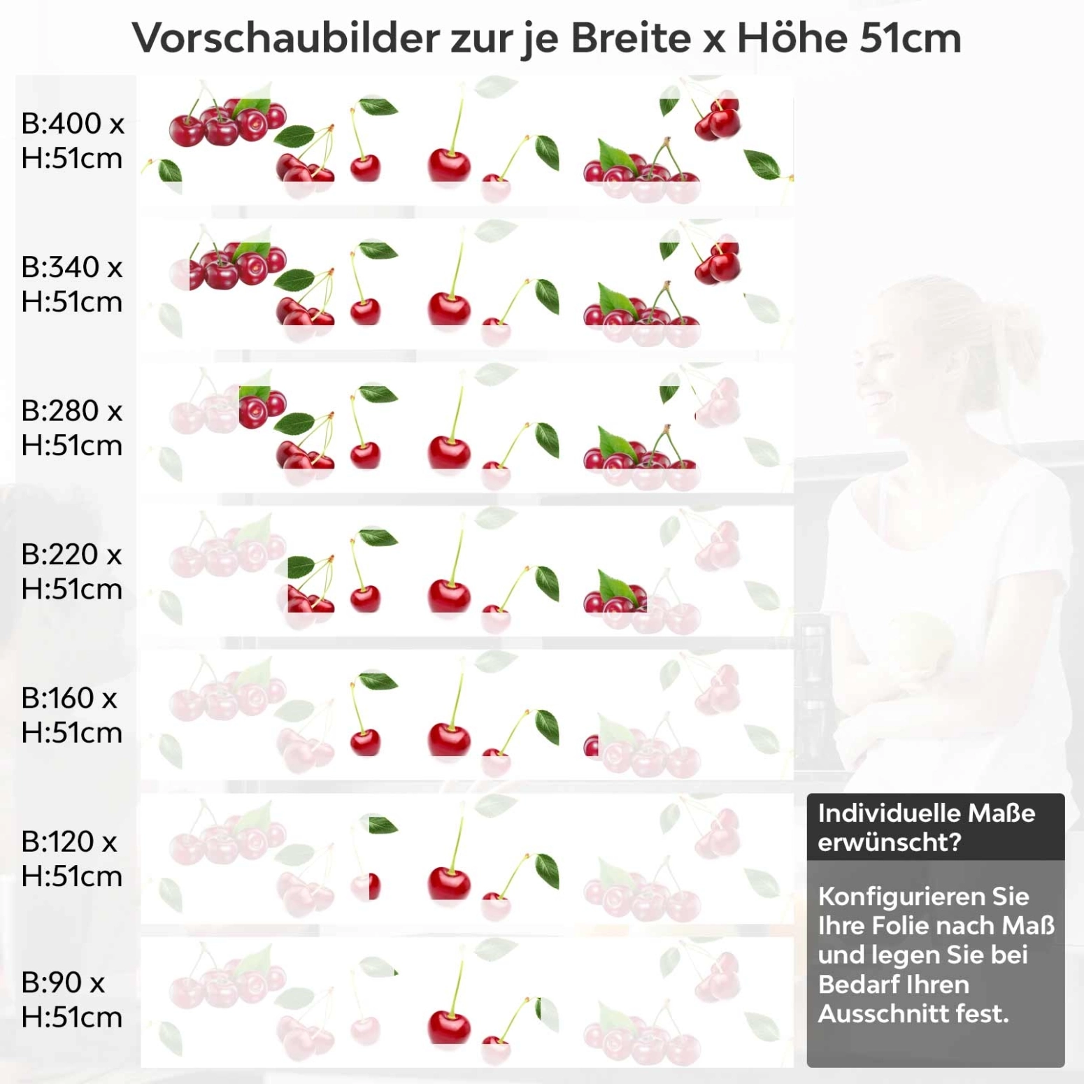 Küchenrückwand Folie Kirschen Früchte Variantenauswahl Vorschaubild Höhe 51cm