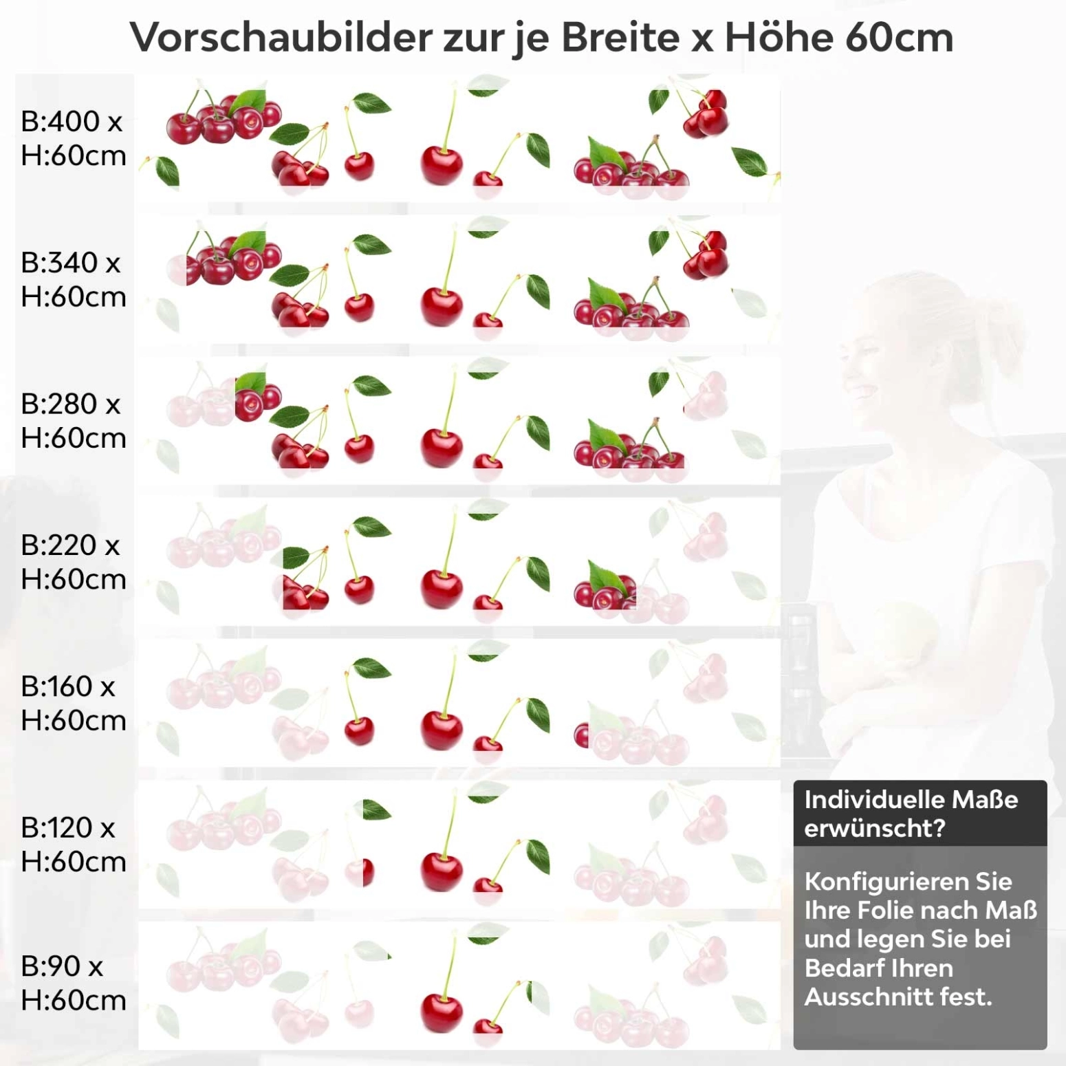 Küchenrückwand Folie Kirschen Früchte Variantenauswahl Vorschaubild Höhe 60cm