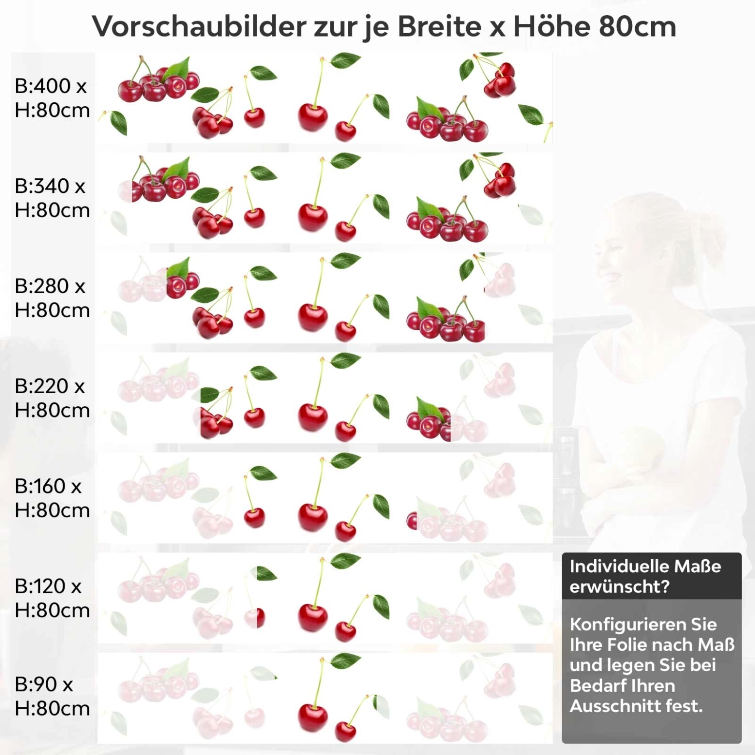 Küchenrückwand Folie Kirschen Früchte Variantenauswahl Vorschaubild Höhe 80cm