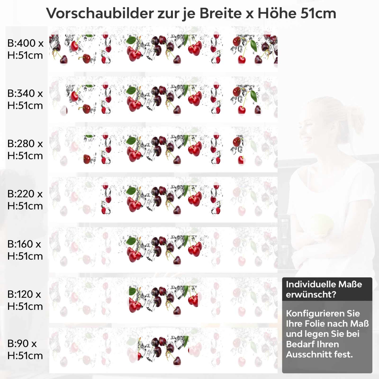 Küchenrückwand Folie Kirschen Splash Früchte Variantenauswahl Vorschaubild  Höhe 51cm