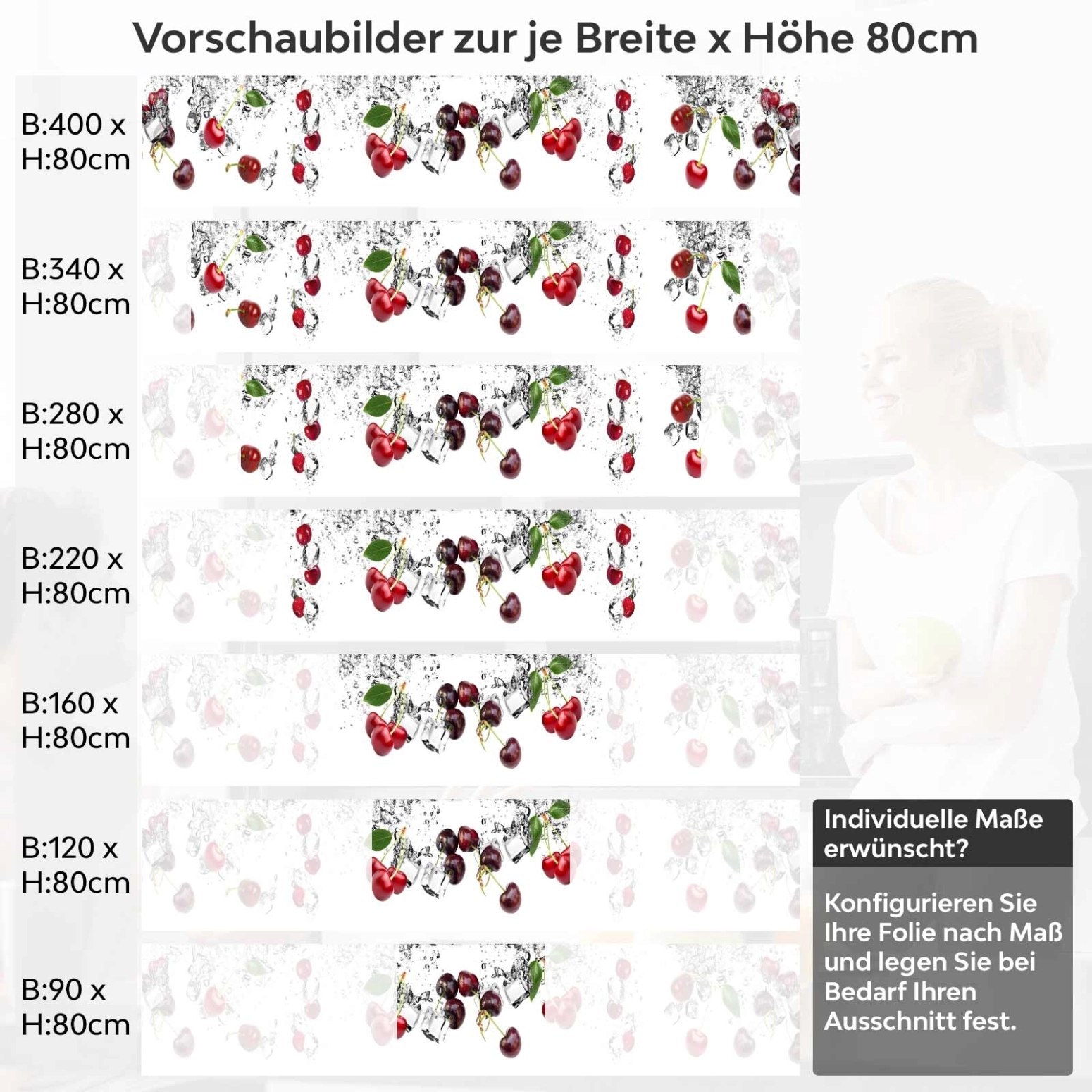 Küchenrückwand Folie Kirschen Splash Früchte Variantenauswahl Vorschaubild Höhe 80cm