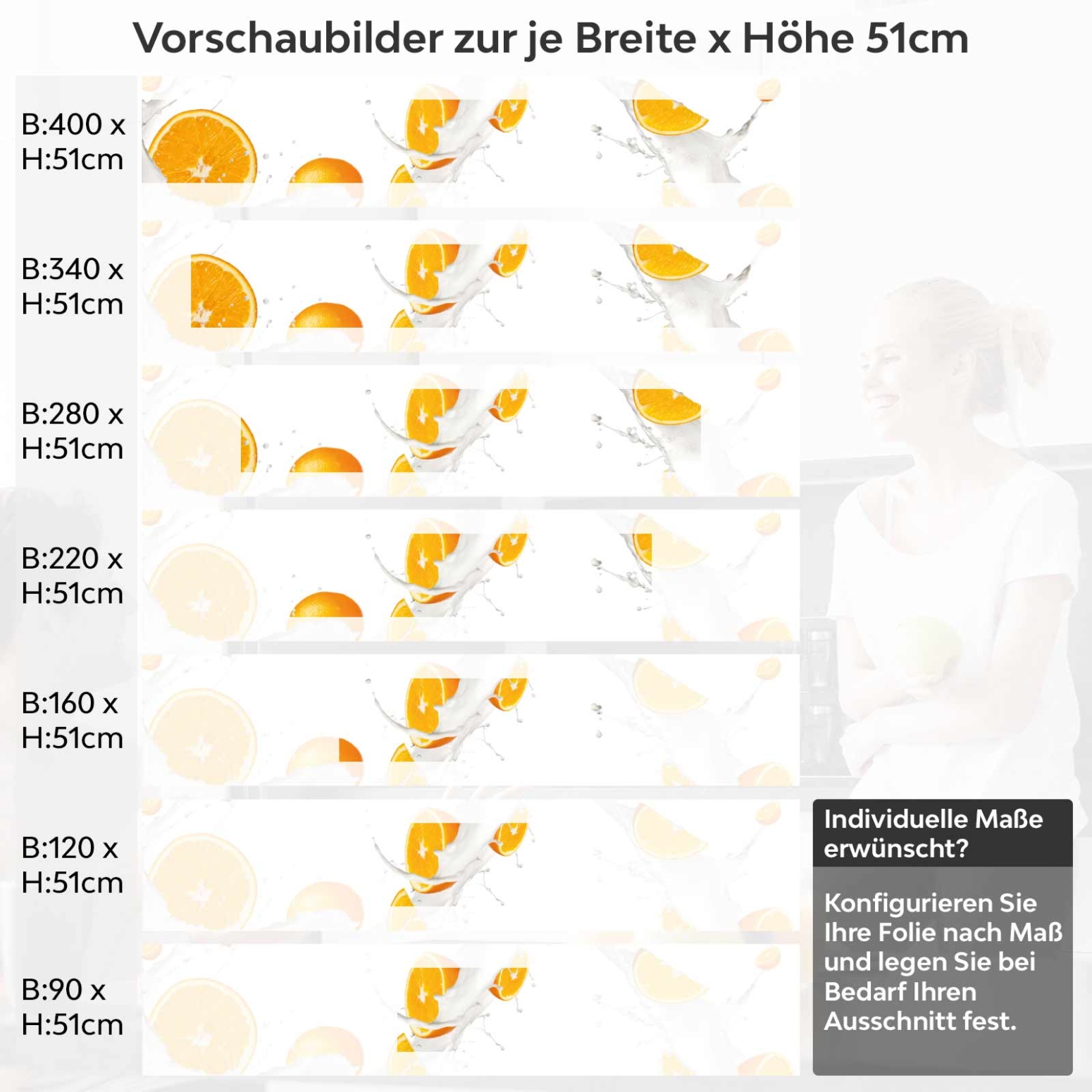 Küchenrückwand Folie Orangenmilch Variantenauswahl Vorschaubild Höhe 51cm
