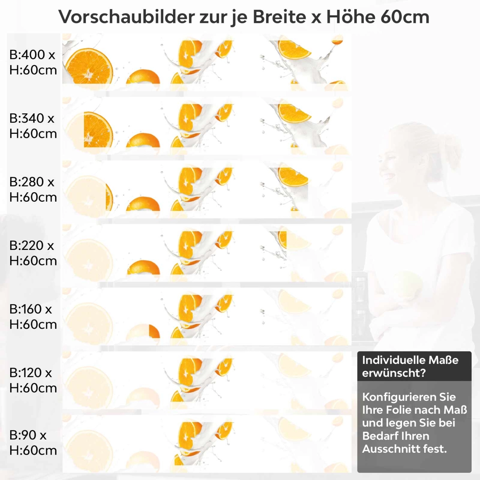 Küchenrückwand Folie Orangenmilch Variantenauswahl Vorschaubild Höhe 60cm