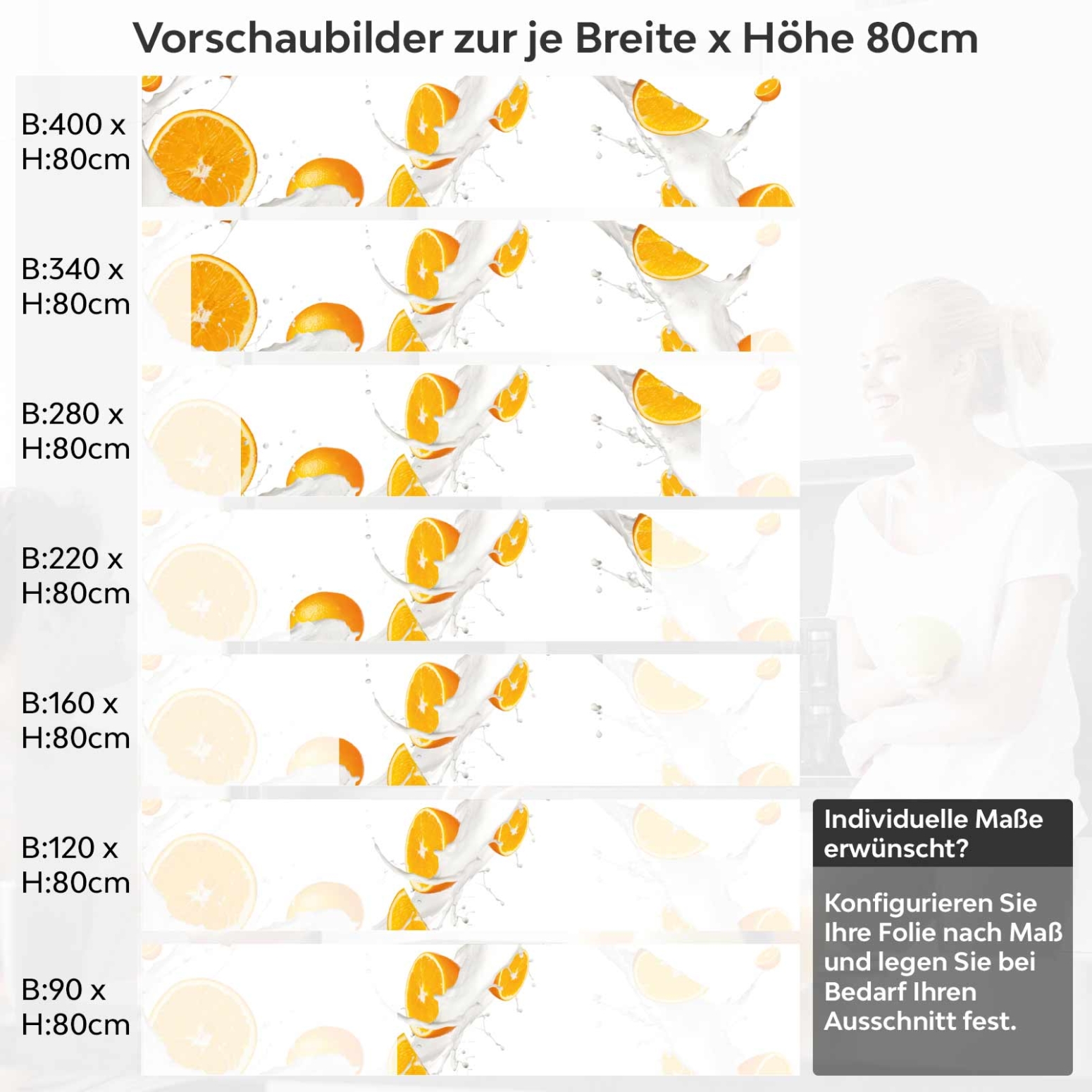 Küchenrückwand Folie Orangenmilch Variantenauswahl Vorschaubild Höhe 80cm
