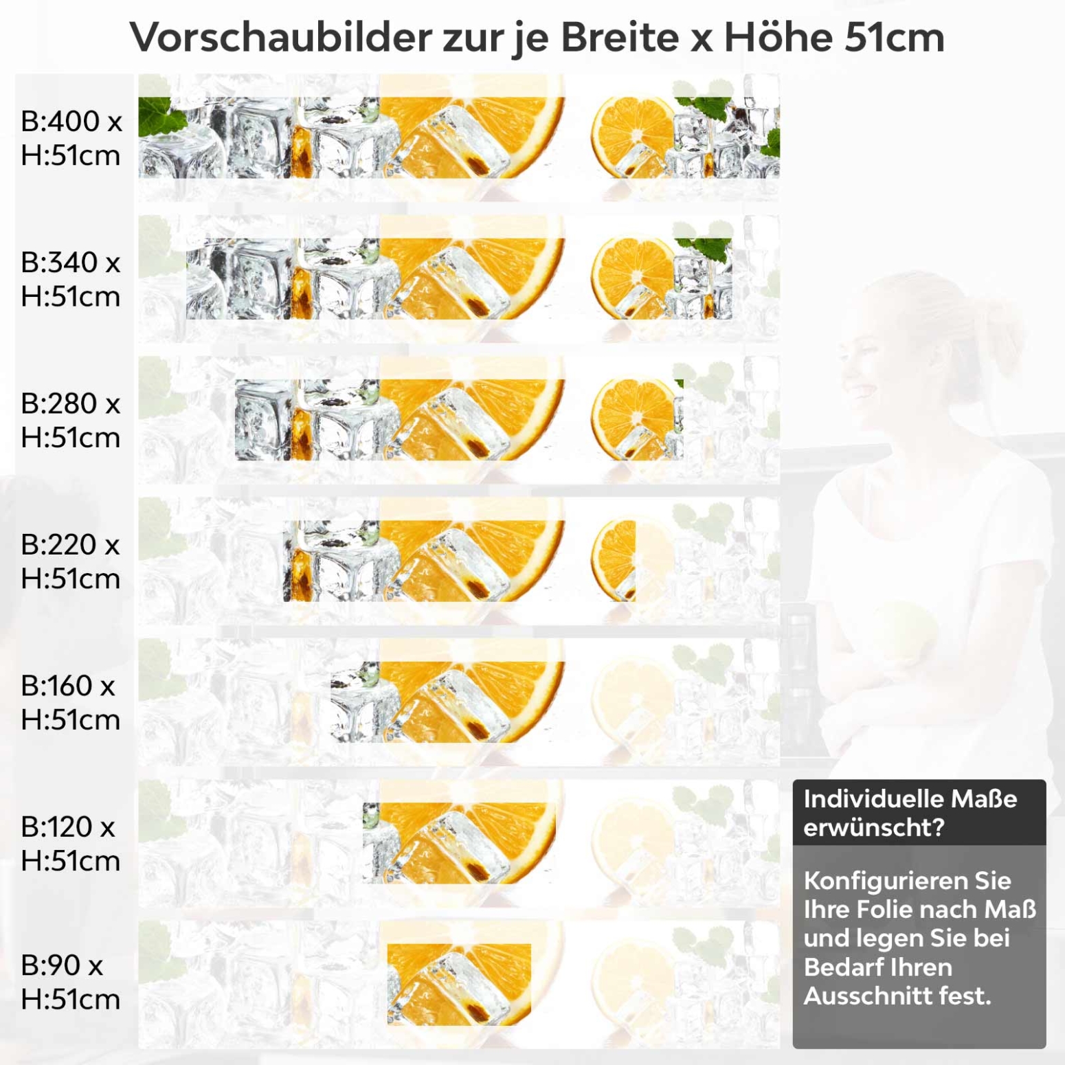 Küchenrückwand Folie Orange Freeze Variantenauswahl Vorschaubild Höhe 51cm