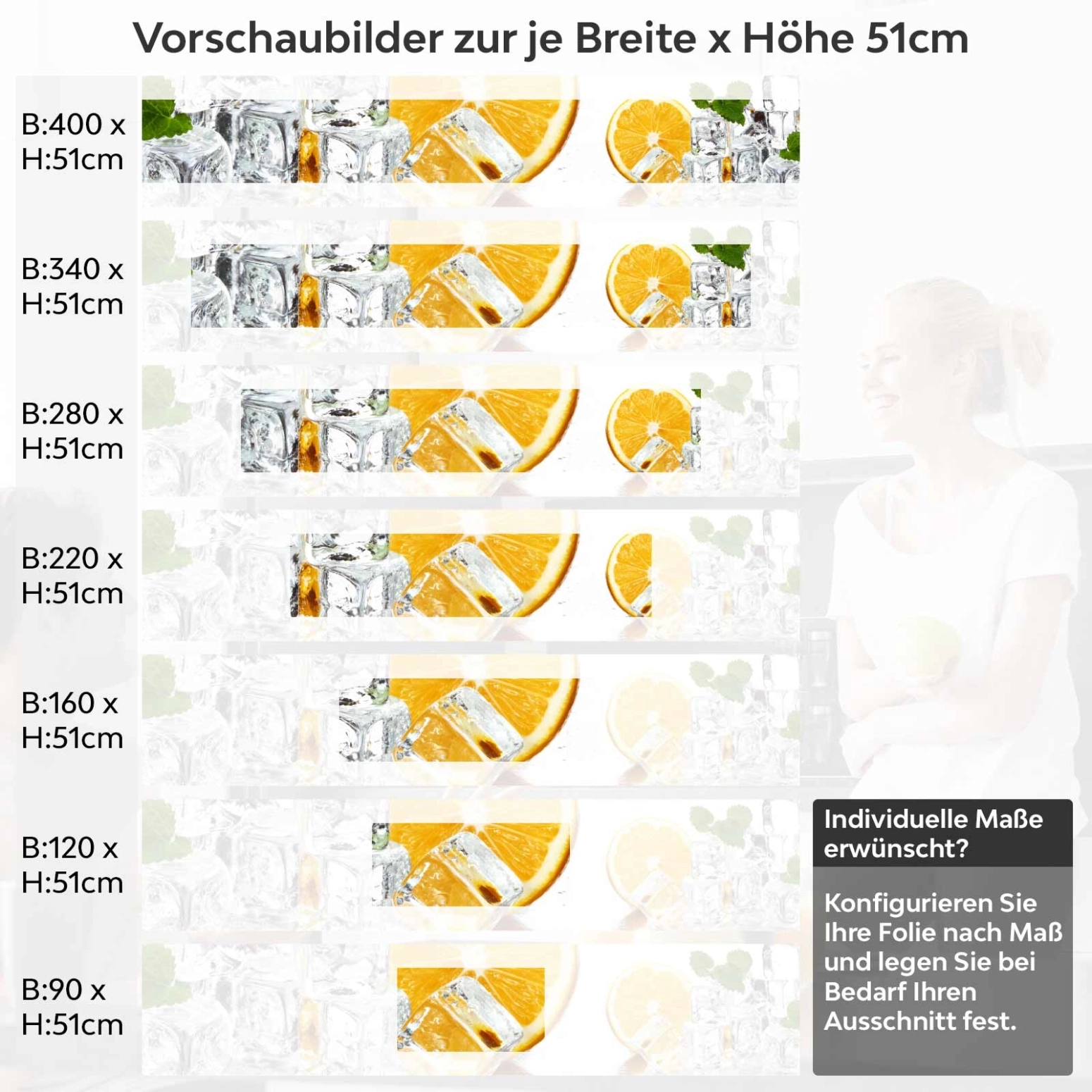 Küchenrückwand Folie Orange Freeze Variantenauswahl Vorschaubild Höhe 51cm