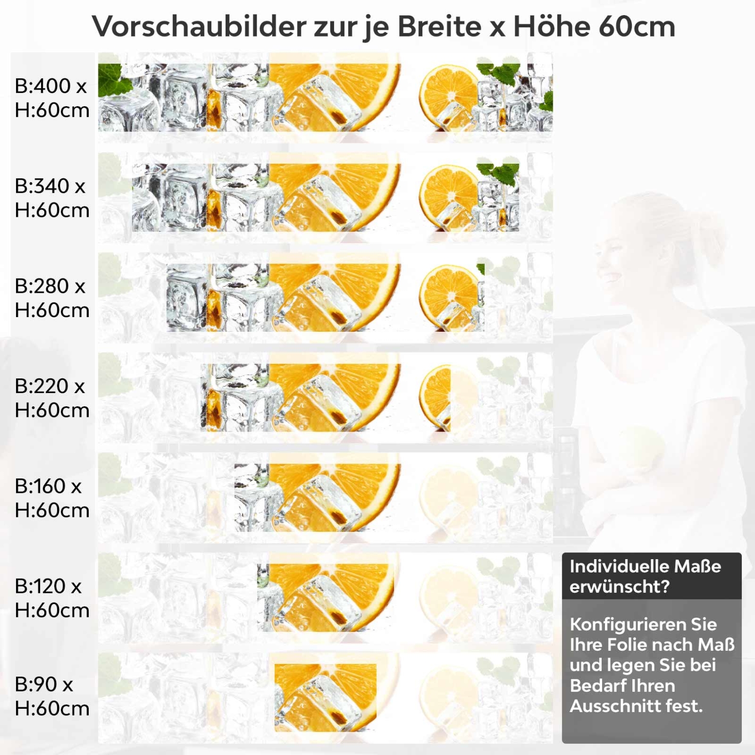 Küchenrückwand Folie Orange Freeze Variantenauswahl Vorschaubild Höhe 60cm