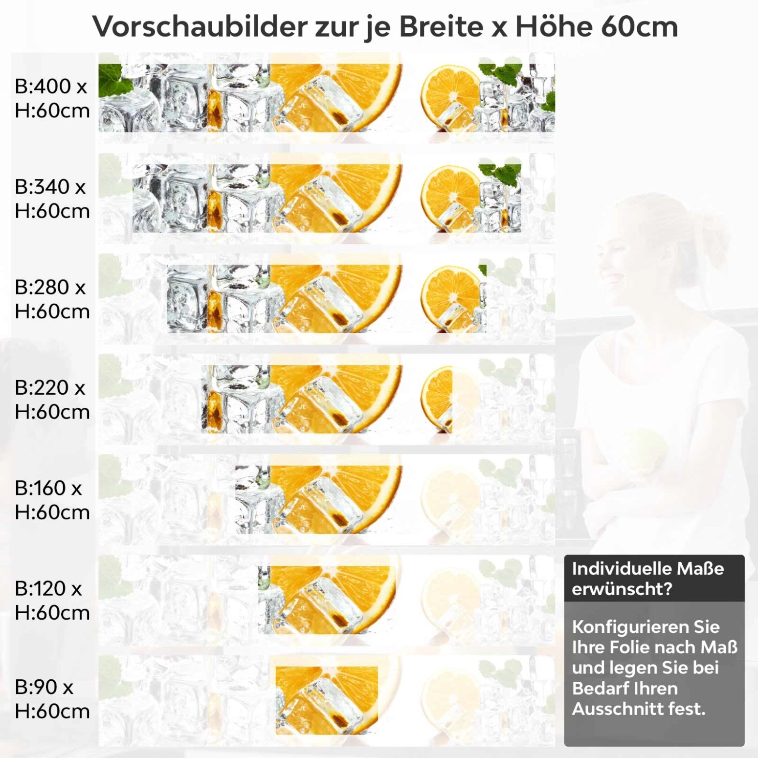 Küchenrückwand Folie Orange Freeze Variantenauswahl Vorschaubild Höhe 60cm