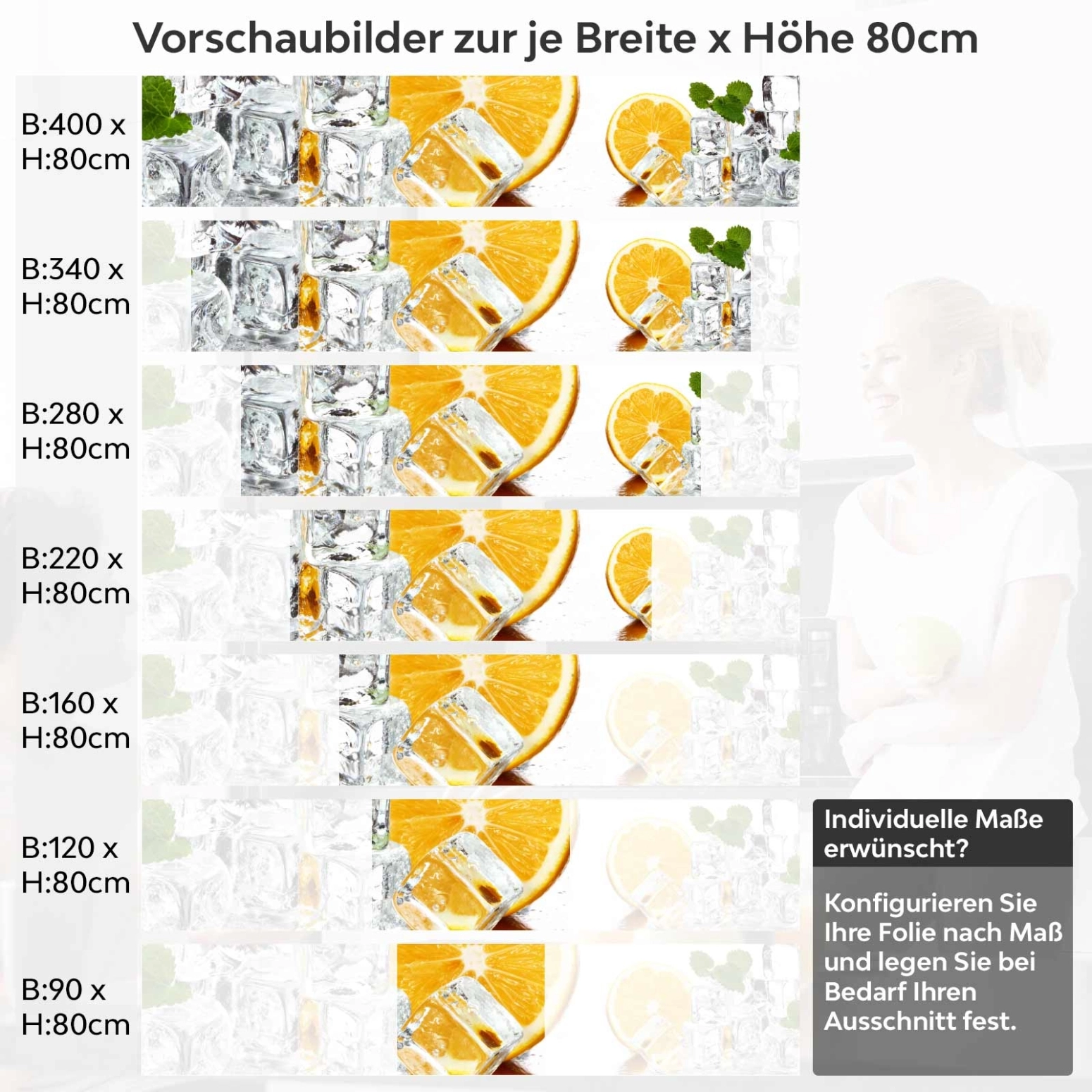 Küchenrückwand Folie Orange Freeze Variantenauswahl Vorschaubild Höhe 80cm