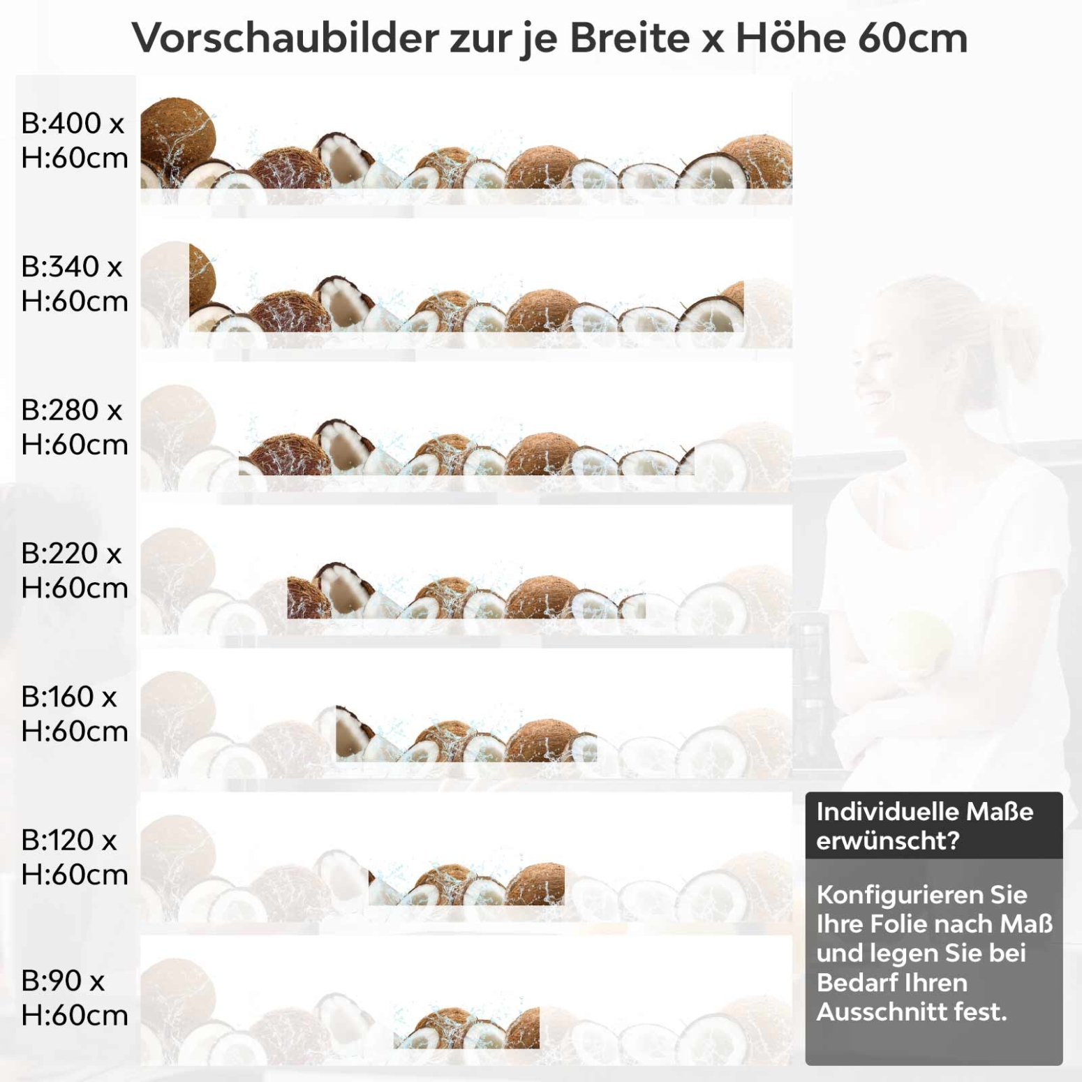 Küchenrückwand Folie Kokosnuss Freeze Variantenauswahl Vorschaubild Höhe 60cm