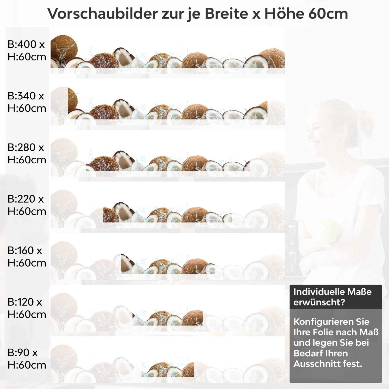 Küchenrückwand Folie Kokosnuss Freeze Variantenauswahl Vorschaubild Höhe 60cm