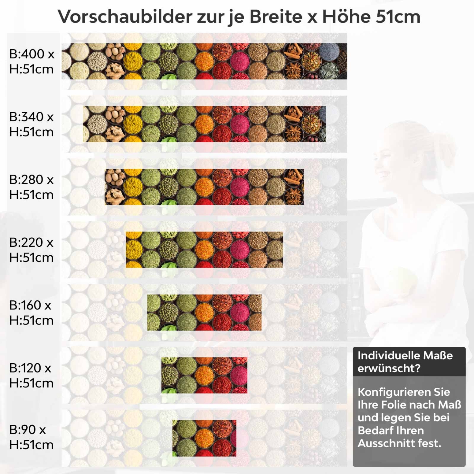 Küchenrückwand Folie bunte Gewürze Variantenauswahl Vorschaubild Höhe 51cm